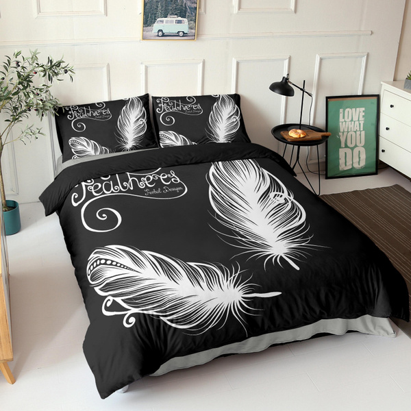 Duvet Cover Feather Bedding Set Black, Queen Bed Quilt Cover Set Big White