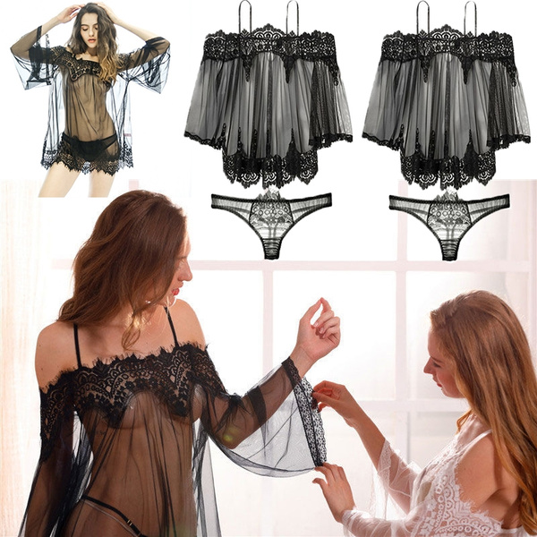 Women Sexy Lace Net Lingerie Dress Rope Underwear Babydoll Sleepwear Set 
