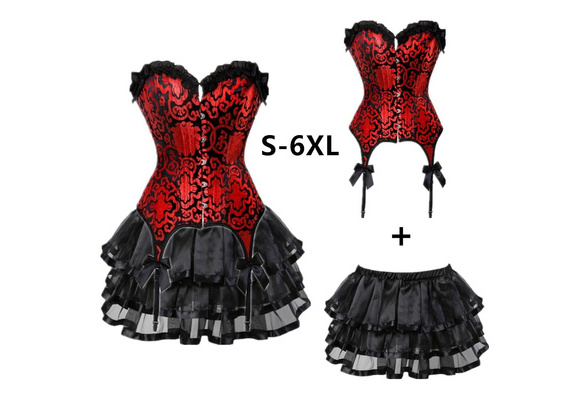 Gothic Red Corsets Dress with Skirt Costumes Vintage Floral Lace Up  Overbust Corset Bustier for Women Dancing Clothing