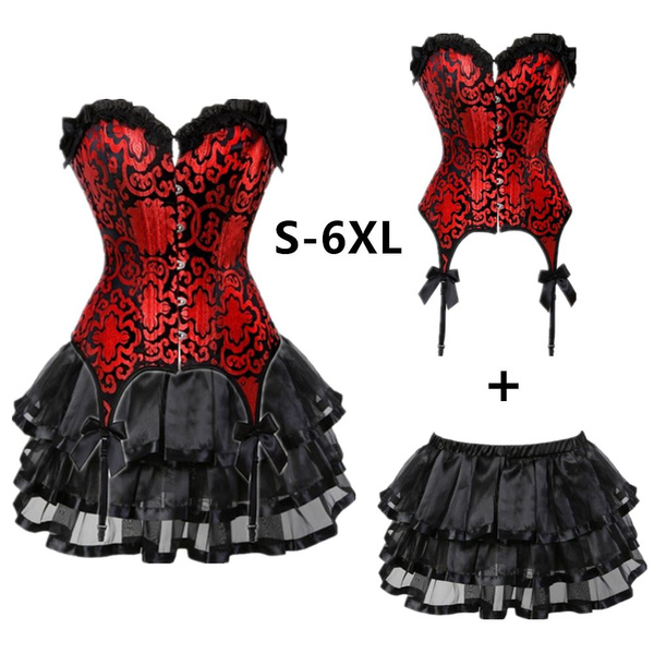 Red Satin Black Frill Tutu Skirt Gothic Burlesque Costume Overbust Corset  Dress : : Clothing, Shoes & Accessories
