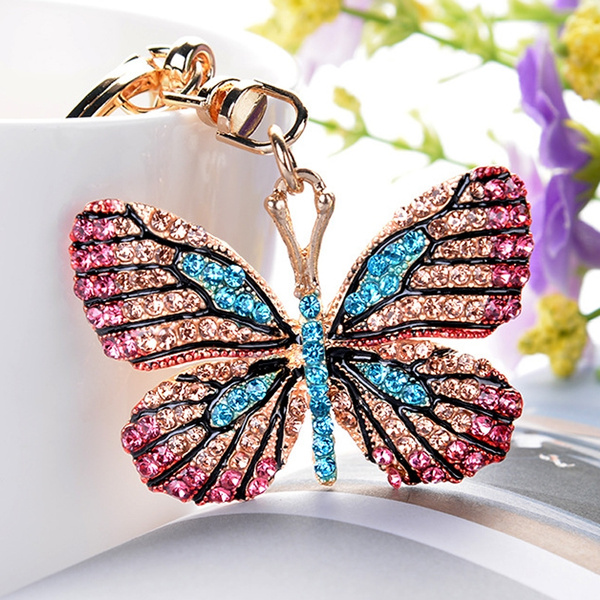 Women Fashion Chic Rhinestone Butterfly Keychain Charm Key Ring Handbag Jewelry
