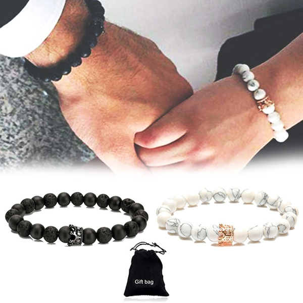 UEUC Distance Couple King & Queen Crown Armbänder Seine Freundschaft 8mm Perlen Bangle Armband 