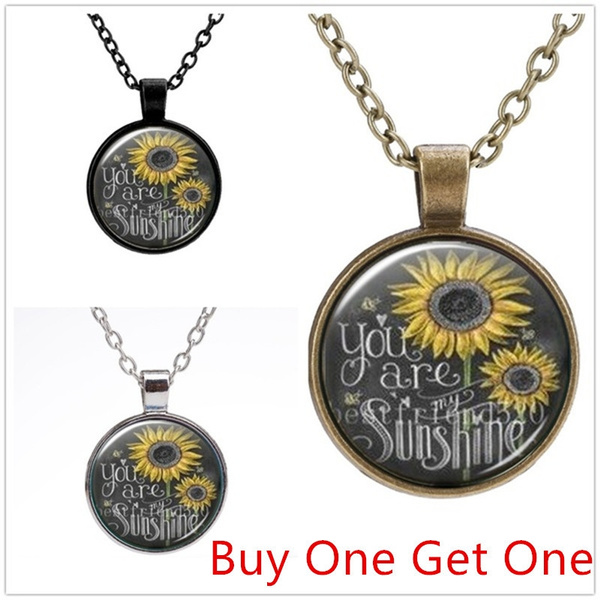 You Are My Sunshine Sunflower Cabochon Glass Silver Chain Pendant Necklace