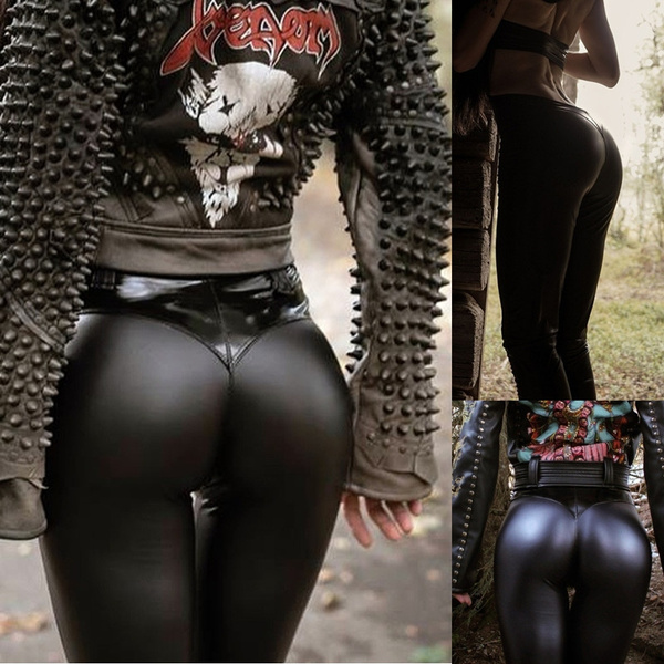 Womens Fashion Slim Black Faux Leather Leggings Stretchy Shiny Yoga Sport  Fitness Pants Trousers | Wish