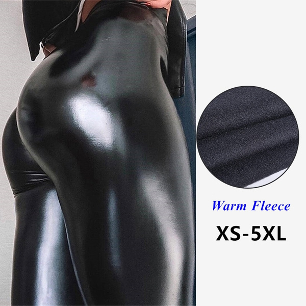XS-5XL Womens Skinny Black PU Leather Leggings Winter Fleece Warm