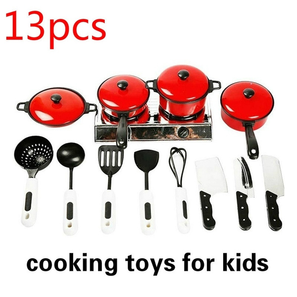 Kid Play House Wooden Toy Kitchen Utensil Cooking Pots Pans Food Dishes Cookware 