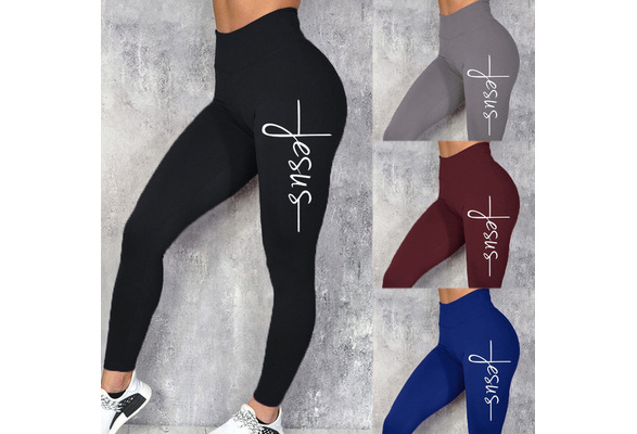 Plus Size New Design Women Fashion Long Leggings Hot Solid Color Jesus  Letter Printed Graphic Pants Casual Loose Fitted High Waist Elastic Waist