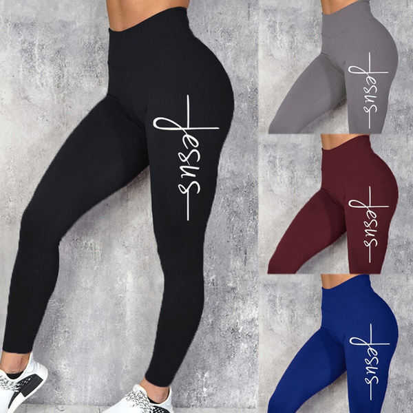 Plus Size New Design Women Fashion Long Leggings Hot Solid Color Jesus  Letter Printed Graphic Pants Casual Loose Fitted High Waist Elastic Waist  Leggings Yoga Pants Gym Leggings Sporty Pants