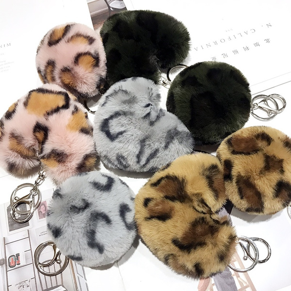 Download Pom Pom Keychain Leopard Print Key Ring Fluffy Faux Fur Heart Cute Handbag Accessorie Gift Retro Wish