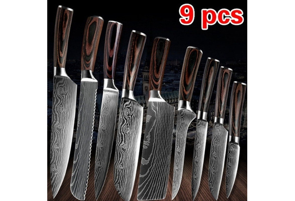 XYj 9pcs Professional Kitchen Knife Set Japanese Knife Sets Kitchen Knives  Damascus Knife Sets Laser Damascus Pattern Chef Knife Best Kitchen Knives  Kitchen Knives Butcher Knife Fruit Knife Forged Kitchen Knife Cleaver