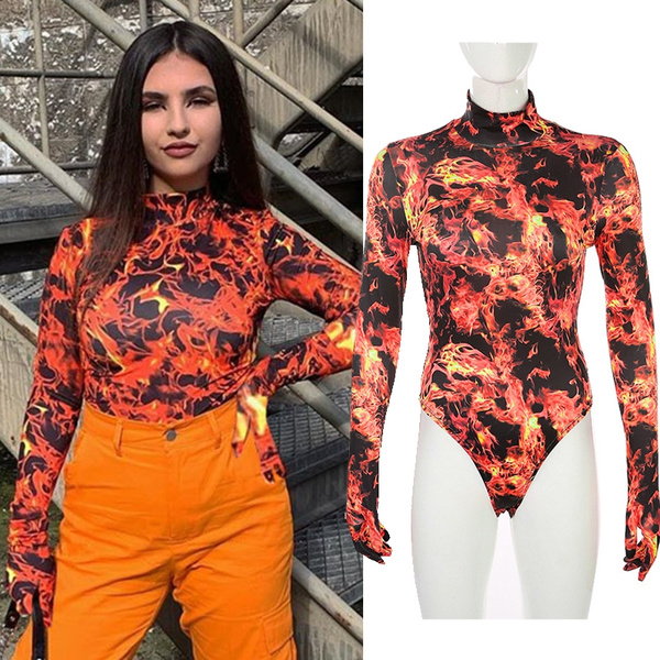 Flame Print High Neck Gloves Long Sleeve Bodysuit Women Top Fashion Sexy  Bodycon Playsuit Mujer Streetwear Casual Shirt
