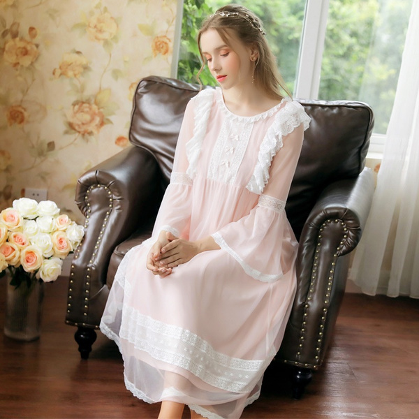 Women Vintage Victorian Nightdress Ruffles Lace Dress Nightwear Sleepwear  Long Flare Sleeve Lolita