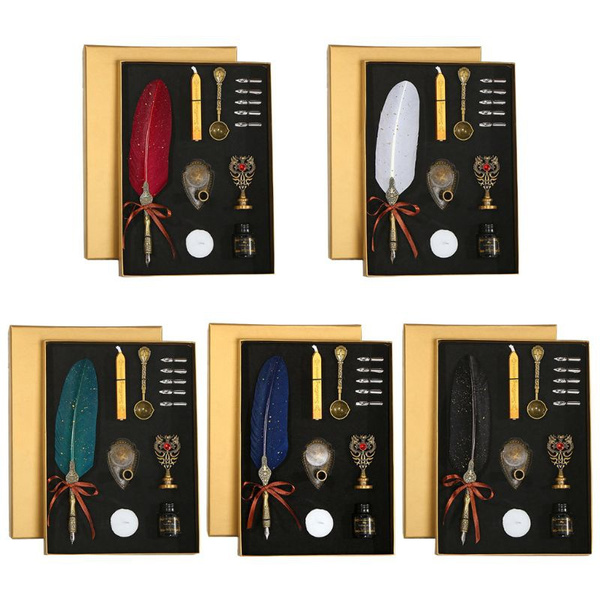 Luxury Calligraphy Feather Dip Pen Writing Ink Set Stationery Gift Box with 5