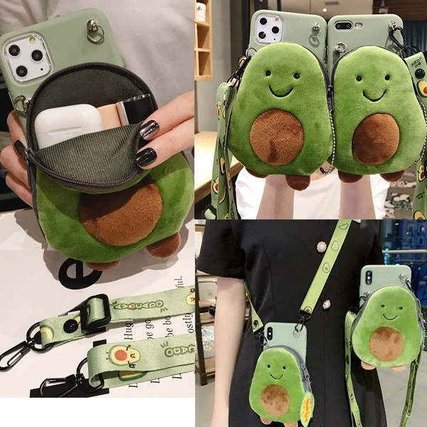 Fluffy Cute Cartoon Wallet Phone Case For IPhone 11 Pro Max Avocado Design Coin Purse with Long Strap Rope Soft Silicone Protect Case for Iphone 11