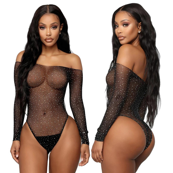 Women s Fashion One Piece Lace Fishnet Rhinestone Bodysuit Black Jumpsuit Lingerie