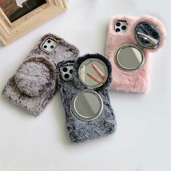 Fashion Warm Fur Plush Phone Case With Mirror For Iphone 12 11 Pro Max Xs Max Xr 6 6s 7 8 Plus Lovely Furry Soft Cover Girl Gift Wish