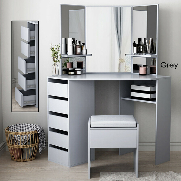 Grey Corner Dressing Table 5 Drawer 3, Corner Dresser With Mirror