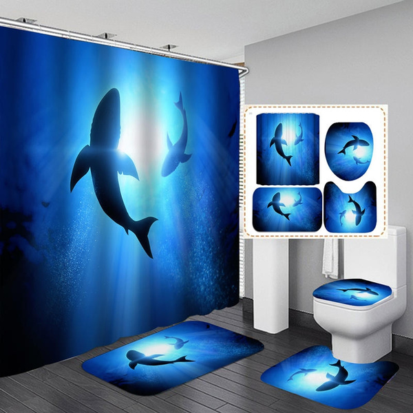 Big Shark Shower Curtain Bath Mat Toilet Cover Rug Blue Sea Bathroom Decor Set 