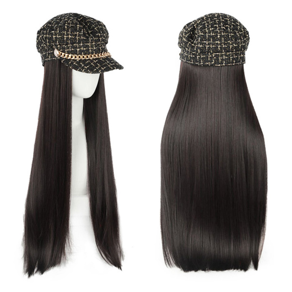 Baseball Cap Wigs Hats with Hair Synthetic Caps with Hair Attached Black Hat with Hair Attached Long Straight Hair for Women