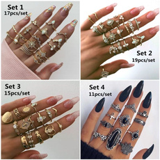 19pcs/set ring bohemian ring bohemian star drop crown wavy round gemstone crystal gold ring set lady charm beautiful party ring jewelry gift