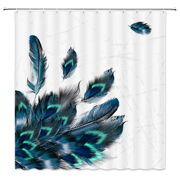 Pea Feather Shower Curtain Watercolor Turquoise Teal Blue Peafowl Tail Marble Texture Glamorous Classical Noble Oriental Wild Bathroom 70x70 Inches With Hooks Wish Pea Feather Shower Curtain, Turquoise Feather Shower Curtains