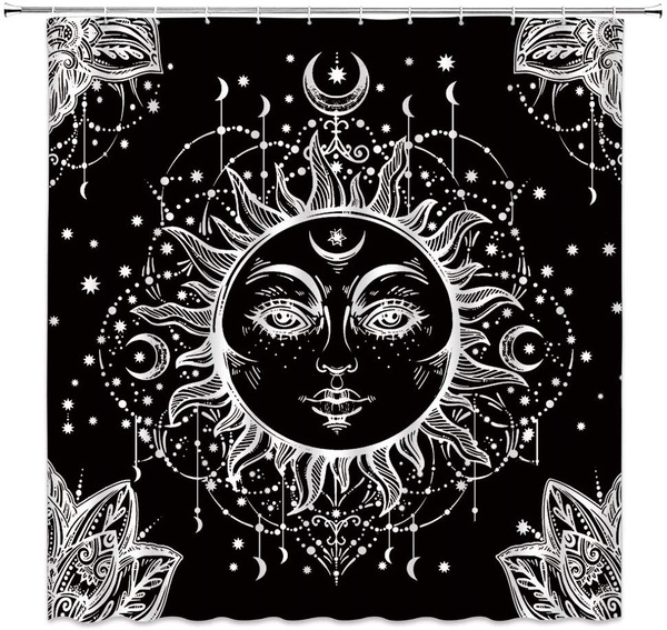 Mandala Celestial Shower Curtain Burning Sun Moon Black And White Decor Medallion Mystic Boho Chic Art Bathroom Set 70x70 Inches With Hooks Wish Decor Medallion Mystic Boho Chic, Celestial Shower Curtain