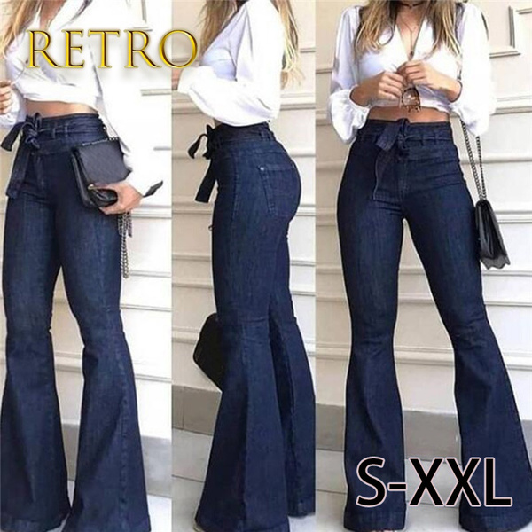 Womens Wide Leg Jeans Fashion Big Bell Bottom Pants Retro Female
