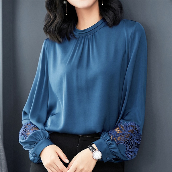 Fashion Silk Shirt Female Long Sleeve Satin Blouses Woman Lace