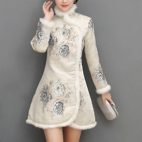 New Women Cheongsam Chinese Qipao Winter Plush Warm High Neck Long Sleeve Tops