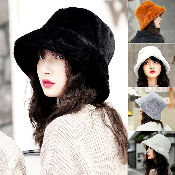 Faux Fur Winter Bucket Hat Solid Color Fedora Hat Women Girl