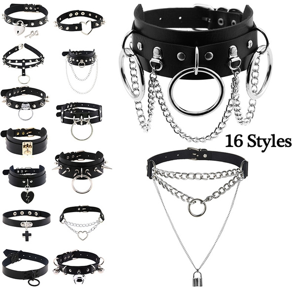 16 Styles Punk Leather Collar Choker ,Gothic Goth Black Leather Necklace , Goth Chains Punk Necklace Chain Padlock Choker Goth Necklace for Women Punk  Chain Necklace Punk Choker Necklace Rock Punk Goth Accessories