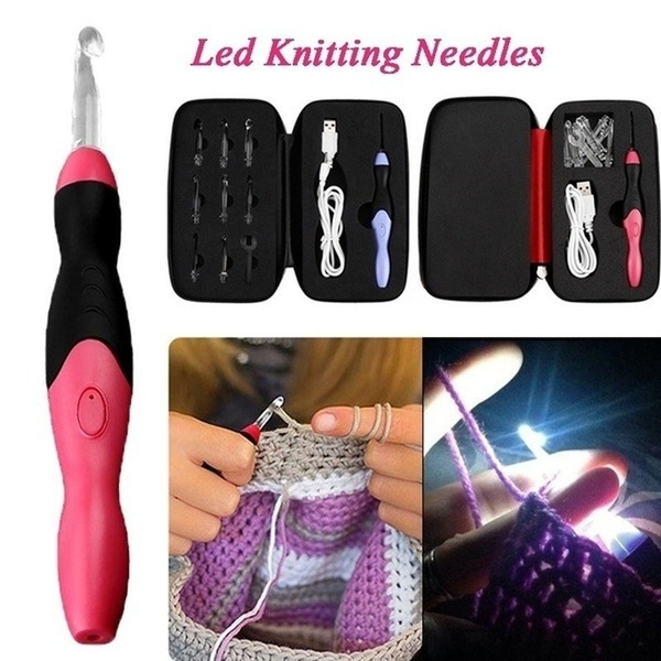 New USB Rechargeable Lighted Crochet Hook Set 9/18 Replaceable Tips LED  Knitting Tool