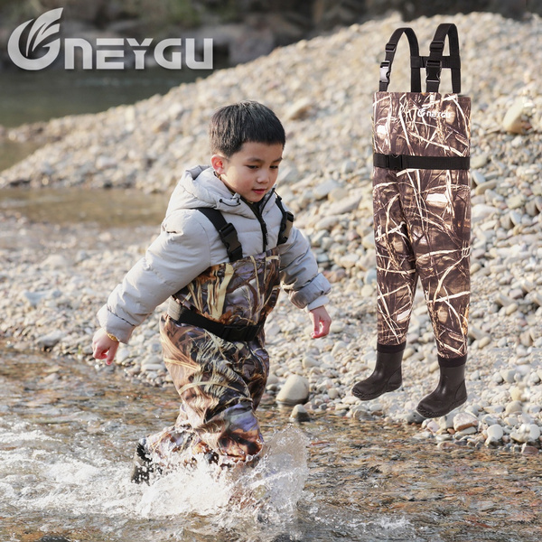 NEYGU waterproof kid camo fishing chest waders ,children fishing wader , toddler wader attached rubber boots for water playing ,rafting and outdoor  sports