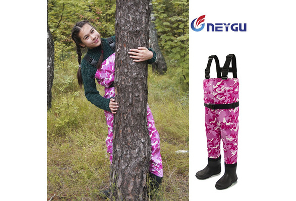 NEYGU waterproof pink camo kid fishing chest waders ,children fishing wader  ,toddler wader attached rubber boots for outdoor sports，emergency flooding  ，hinking and water playing