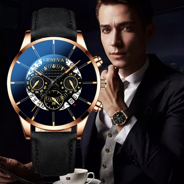 Men's Fashion Leather Strap Quartz Watch Black Luxury Brand Geneva