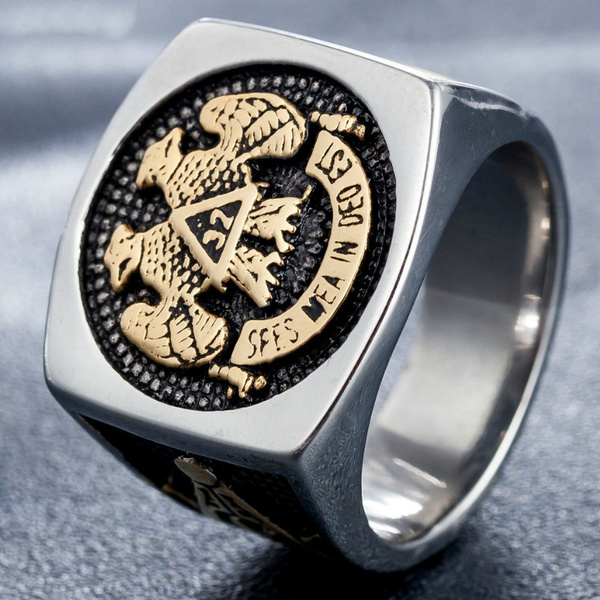 14K Gold Plated Stainless Steel Stamp Ring Master of Freemasons Mason Men s Ring Scottish Etiquette 32 Degrees