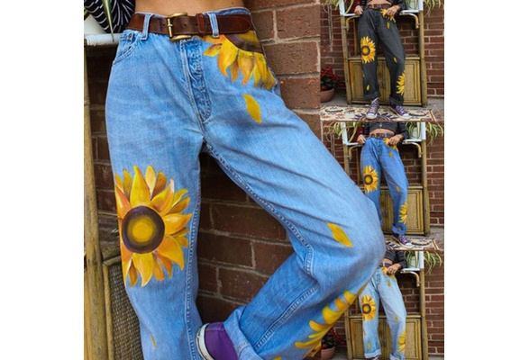 Women Casual Loose Sunflower Print Jeans Denim Trousers Denim Long Pants