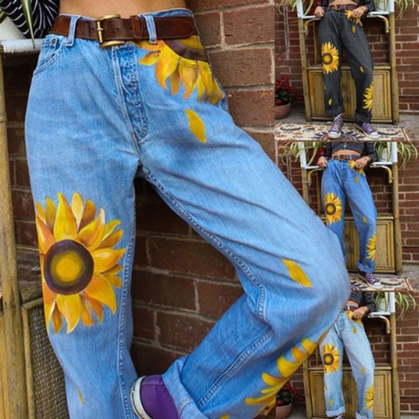 Women Casual Loose Sunflower Print Jeans Denim Trousers Denim Long