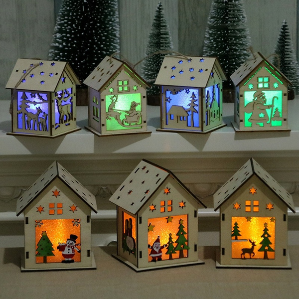 Diy Christmas Led Light Glittery Wooden House Xmas Christmas Tree Hanging Ornaments Party
