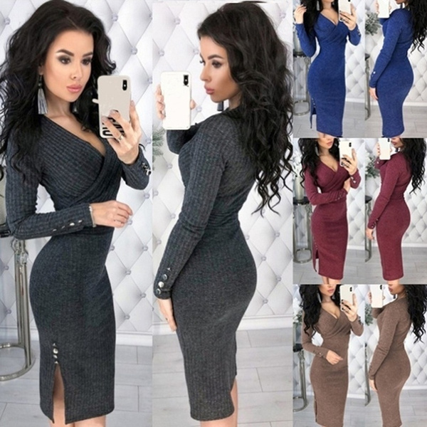 Women V Neck Long Sleeve Knit Slim 