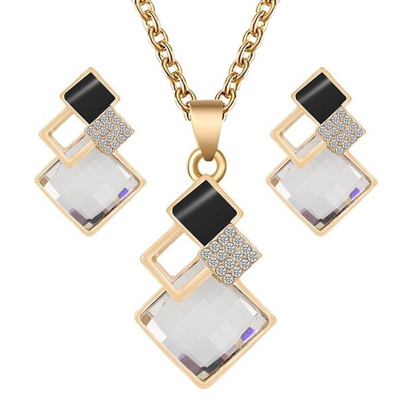 Fashion Women Rhinestone Crystal Pendant Necklace Chain Earrings Jewelry Set 