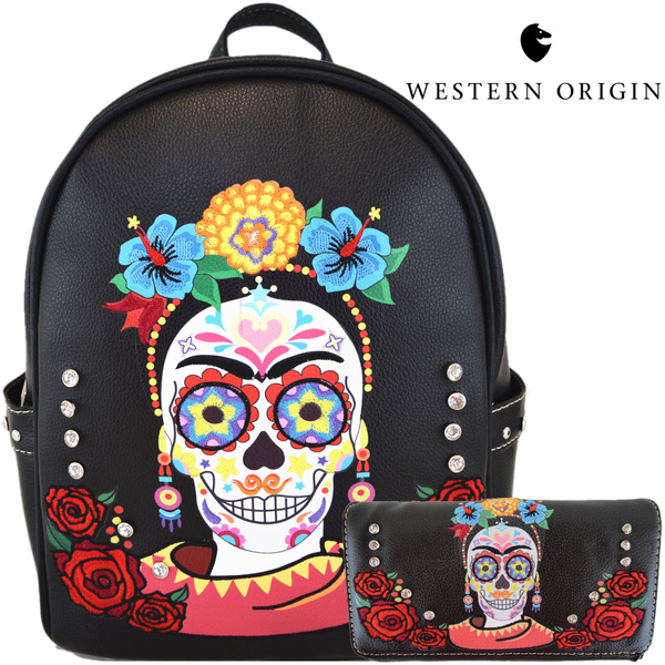 Leather Image With Skull Backpack Daypack Bag Women