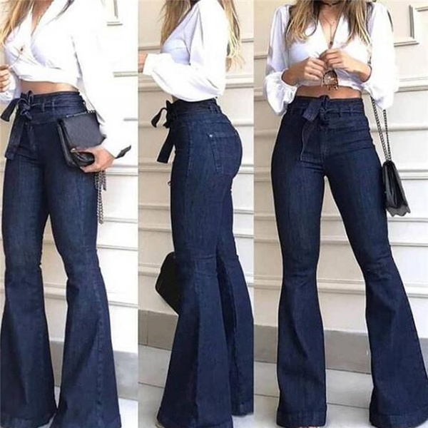 casual elastic high waist denim wide leg pants