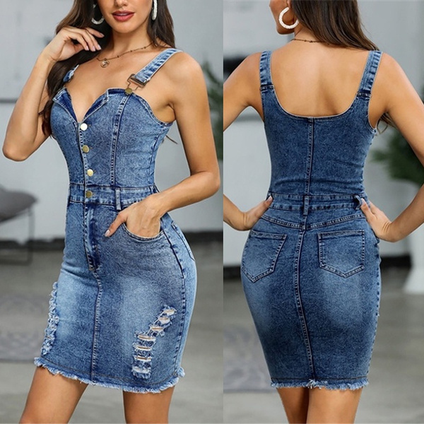 New Summer Women Fashion Strappy Denim Dress Sexy V-neck Slim Fit Jean ...