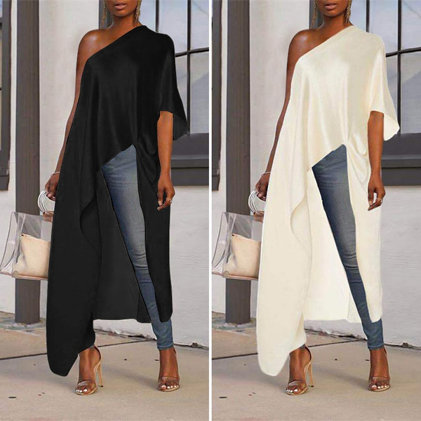 S-5XL Women Solid One Sleeve Long Tops 