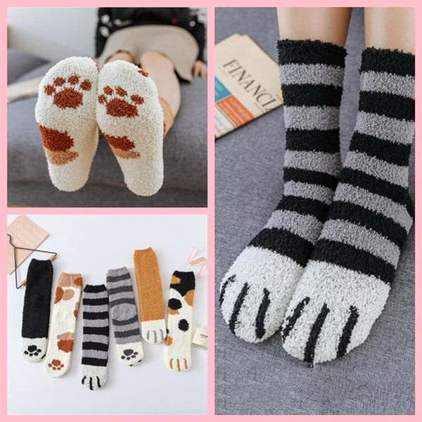 1 Pair Winter Cute Thick Cat Claws Warm Sleep Floor Socks Fluffy Fuzzy ...