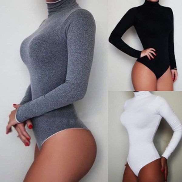 women's solid turtleneck long sleeve bodysuit bodycon jumpsuits romper