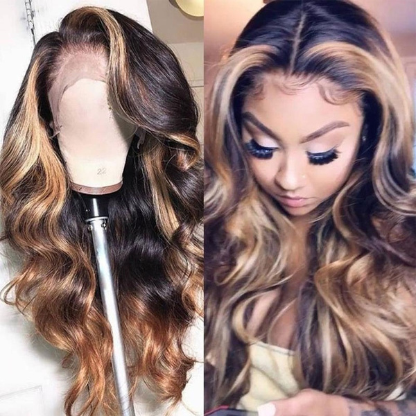 Ombre Wig 2 Tones Color 1B 27 Human Hair Wigs for Women Wave Human Hair Lace Front Wigs Pre Plucked Lace Front Wigs Human Hair with Baby Hair 14 Inch