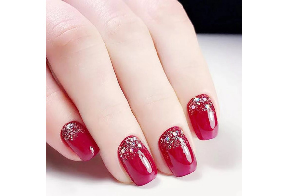 Wine Red Gold Glitter N559 Glue 24pcs/set Wine Red Nail Art False Nails  with Golden Glitter Round Medium Wedding Artificial Nails DIY Tools with  Glue - Walmart.com