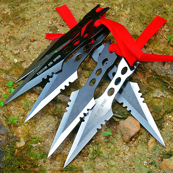 6pc outside practice darts tied red rope throwing knife camp tactical knife  stainless steel training knife dagger (black)